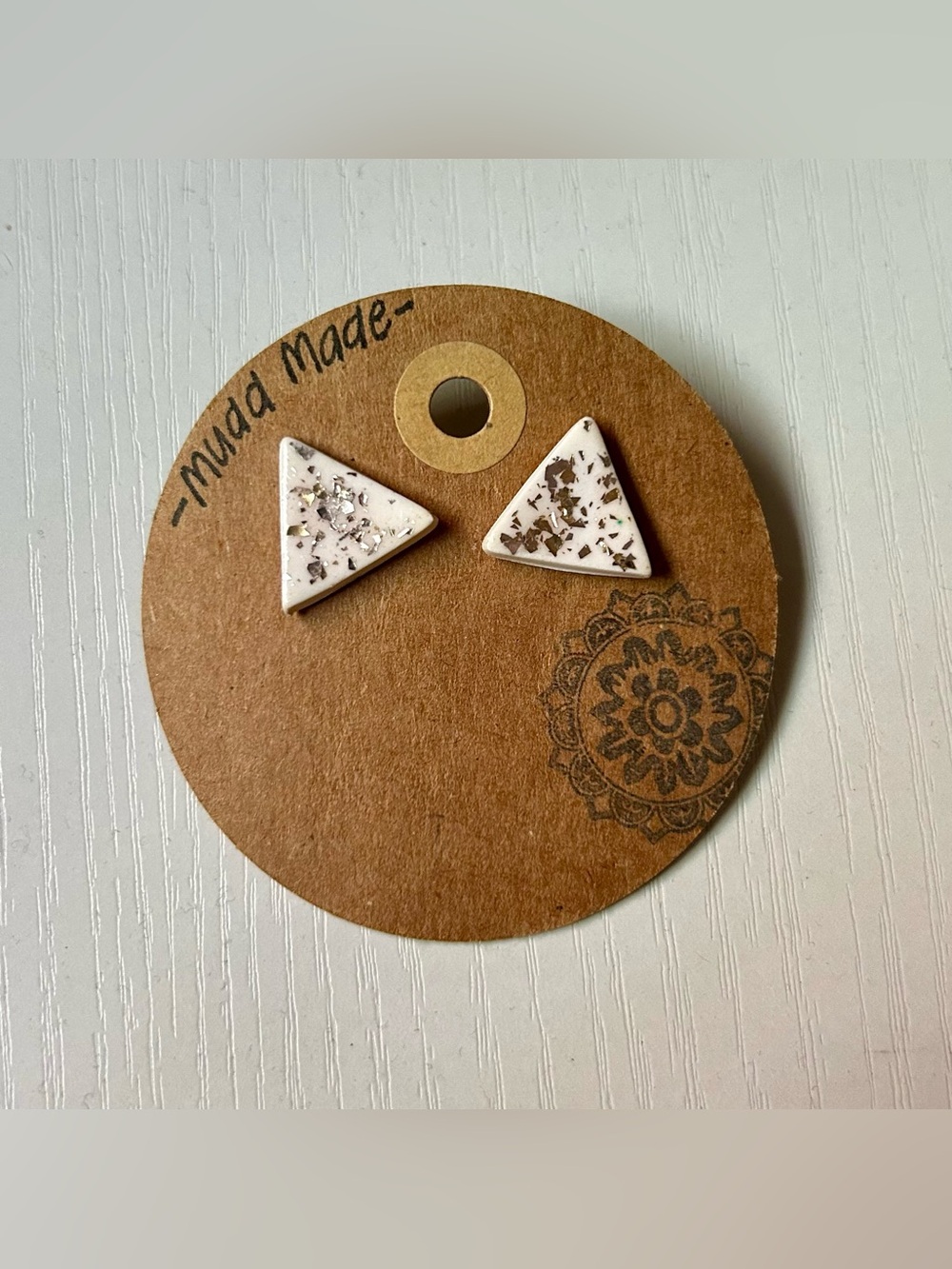 Handmade White Triangle Stud Earrings with Silver & Gold Flakes